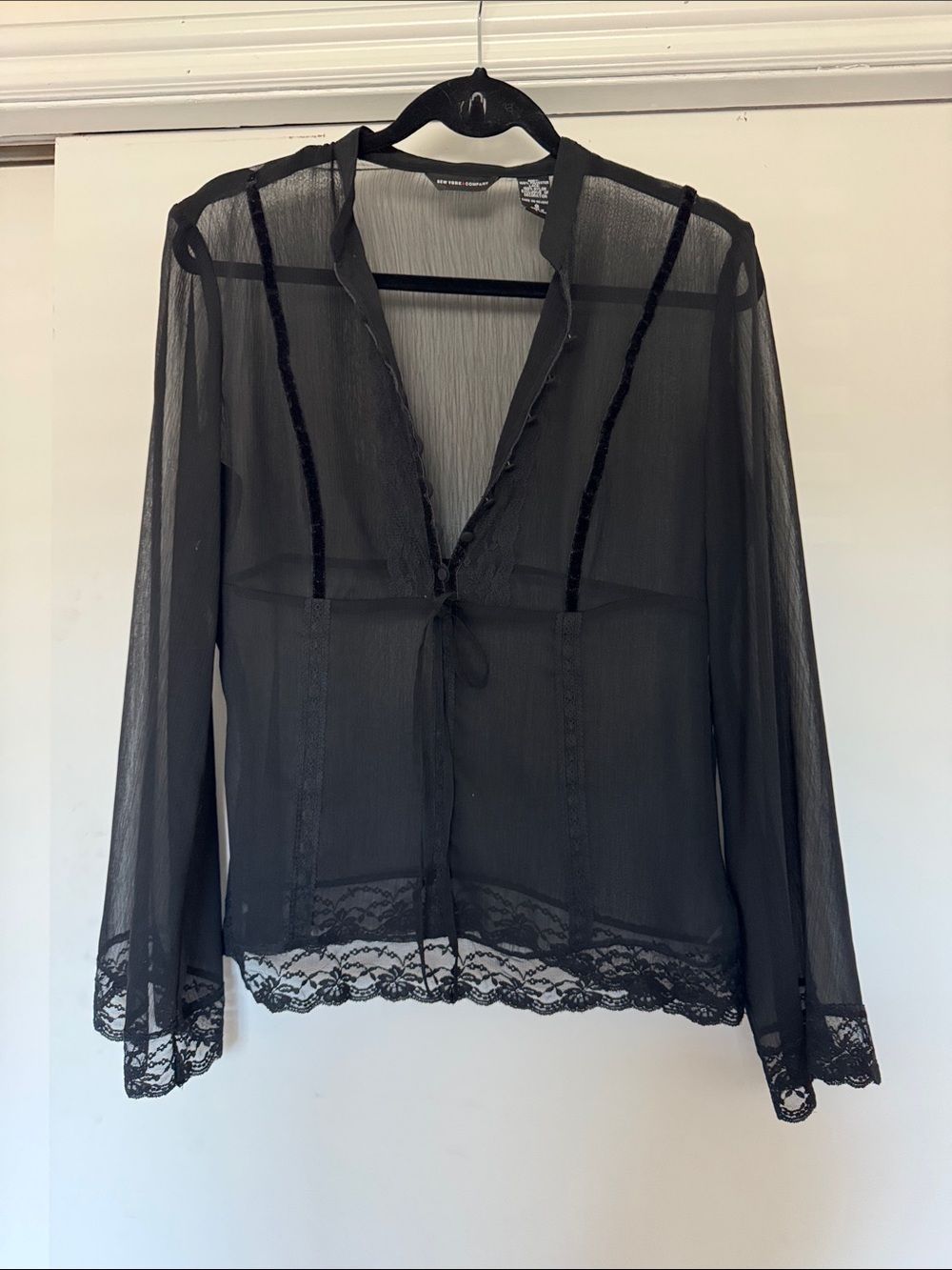 New York & Company Sheer Black Lace Trim Women's Blouse